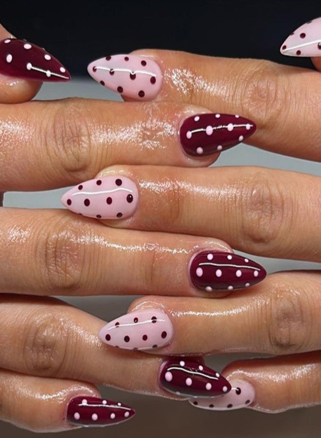 OSTTMA 24Pcs Polka Dot Press on Nails Medium Almond Fake Nails Wine Red Pink Acrylic Nail with Cute Polka Dots Designs Reusable Artificial False Nails Stick on Nail for Women DIY Manicure Tips - Image 1